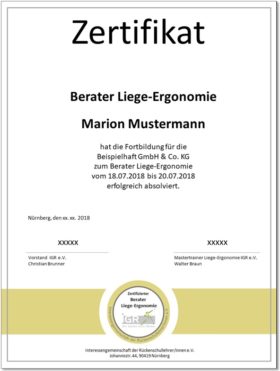 Zertifikat für ausgebildete Berater Liege-Ergonomie