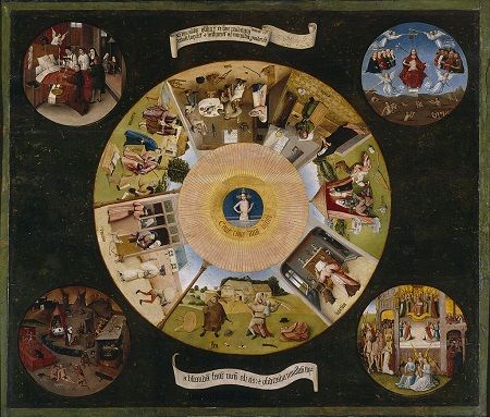 Bild von Hieronymus Bosch das Szenen zu den sieben Todsünden und den letzten vier Dingen (Totenbett, Letztes Gericht, Himmel und Hölle) zeigt