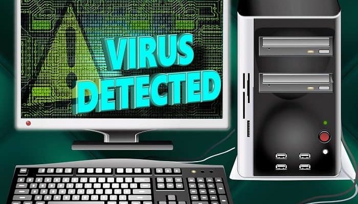 Grafik, eines Bildschirms, auf dem steht: Virus erkannt