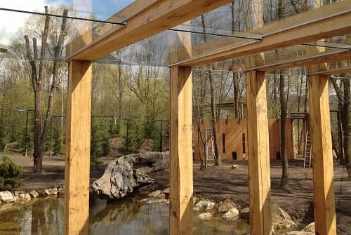 Ein massives Holzgerüst mit Glasdach, das über einem Teich aufgebaut wurde