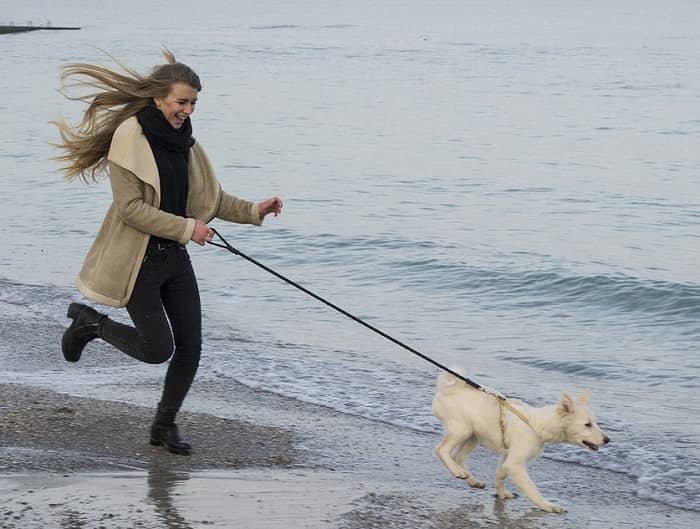 Eine junge Frau hat sehr viel Spaß, Sie läuft mit einem Hund an der Leine am Strand entlang