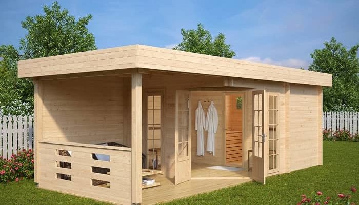 Ein schönes, modernes Gartenhaus mit Sauna, Vorraum und Terasse