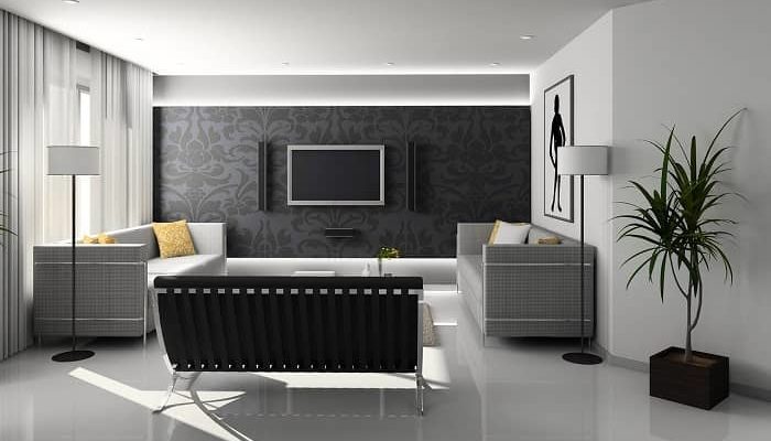 Ein schönes modernes Wohnzimmer in Schwarz/grau Tönen
