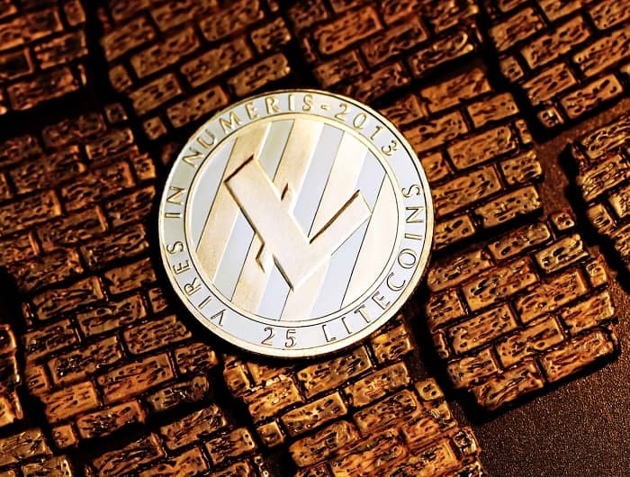 Eine Litecoin Münze liegt auf einem Kupferfarbenen Hintergrund