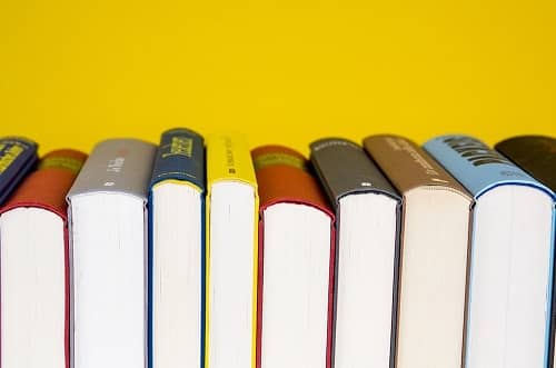 Verschiedene Bücher stehen aufgereiht nebeneinander vor einem gelben Hintergrund