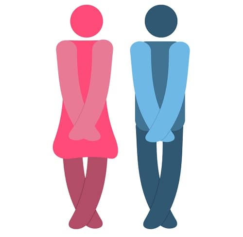 Eine Grafik auf der eine Frau und ein Mann zu sehen ist, die sich beide die Hände vor den Schoß halten