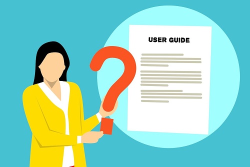 Grafik: Eine Frau steht mit einem Fragezeichen in der Hand vor einem User Guide