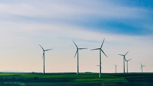 Mehrere Windräder stehen auf einer großen Wiesenfläche 