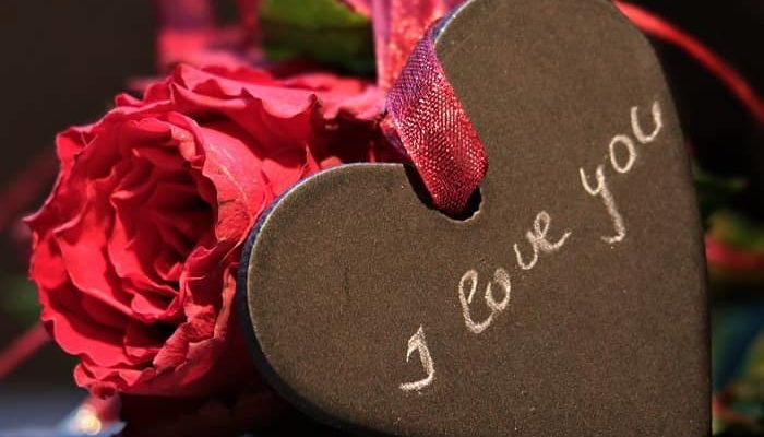 Ein braunes Herz mit der Aufschrift "I love you" liegt vor einem Rosenstrauß