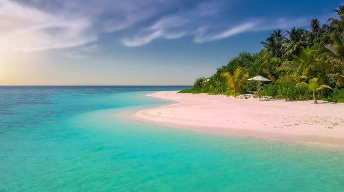 Ein weißer Strand vor Palmen und einem türkisen Meer