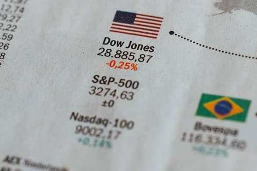 Man sieht auf einem Papier gedruckt, Kurse von Dow Jones, S&P 500 sowie Nasdaq