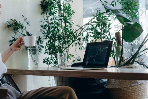 Eine Frau sitzt vor einem Schreibtisch und betrachtet auf dem Laptop Aktienkurse