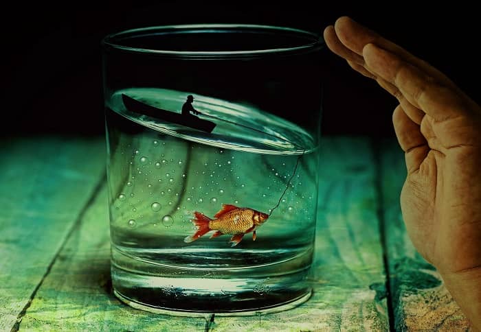 In einem Wasserglas, angelt ein Mann mit einem Ruderboot einen Goldfisch