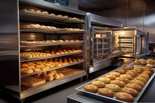 Ein großer Backautomat aus Edelstahl, mit hunderten von Brötchen und Broten