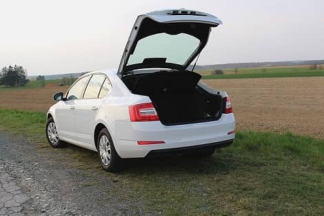 Ein Auto steht an einem Feldweg mit geöffneter Heckklappe