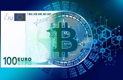 Eine Bitcoin Münze verschmilzt mit einem 100 Euroschein