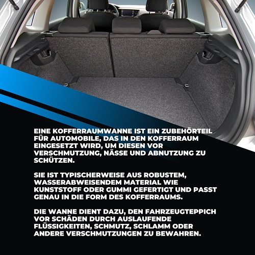 Ein Kofferraum eines Autos, mit dem Text was für Kofferraumwannen wichtig ist, wird gezeigt