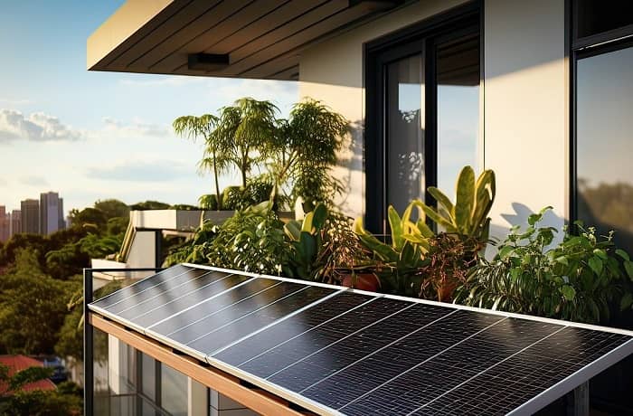 Ein Balkon, ausgerüstet mit Solarmodulen