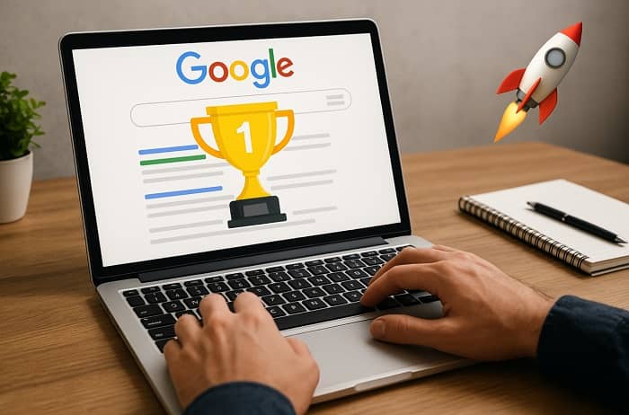Ein Laptop steht auf einem Tisch Darauf steht Google mit einem Pokal, mit einer 1 darunter