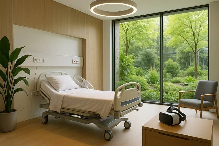 Ein Krankenbett in einem Krankenzimmer direkt vor einem Fenster in die Natur
