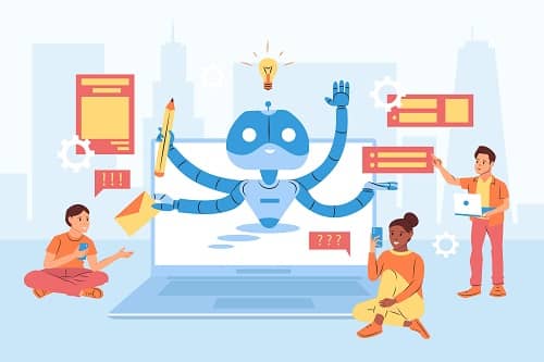 Grafik Schreiben zwischen Mann und Frau, dazwischen die mehrarmige KI Kracke mit Korrekturen