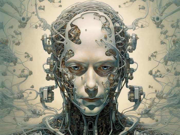 Grafik-Ein Frauenkopf bestehend aus lauter Technik, der sich zu einem Gesicht entwickelt