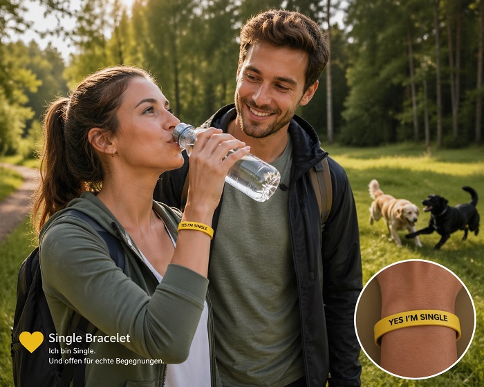 Eine Frau die ein Armband Yes i`m single trägt und ein Mann der Sie anlächelt. Im Hintergrund 2 spielende Hunde